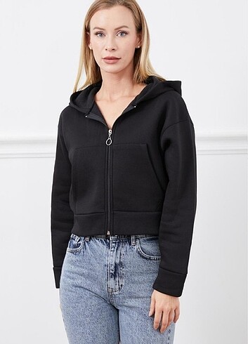 diğer Beden Kapüşonlu crop sweatshirt, içi polarlı