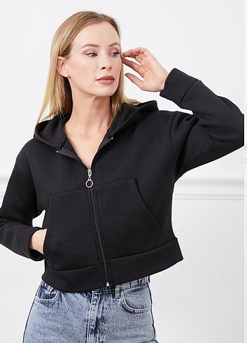 diğer Beden siyah Renk Kapüşonlu crop sweatshirt, içi polarlı