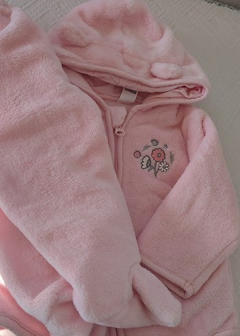 Pembe Peluş Kapüşonlu Bebek Kız Takımi - Görsel 3