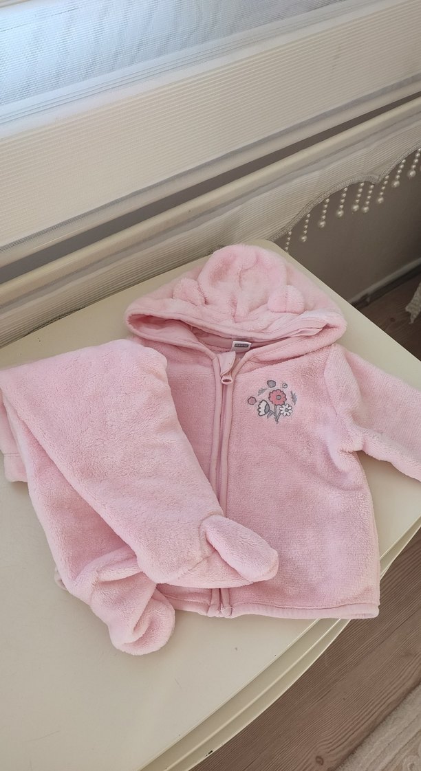 Pembe Peluş Kapüşonlu Bebek Kız Takımi - Görsel 4