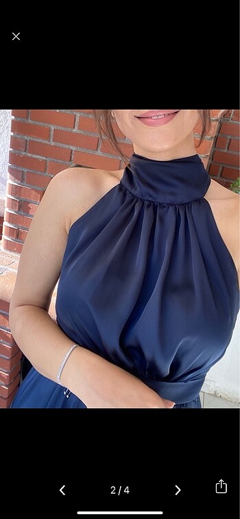 BSL FASHION BSL Saten Lacivert Gece Elbisesi