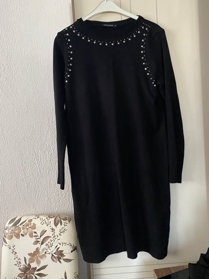 Boncuk Detaylı Uzun Siyah Triko tunik — görsel 4/5