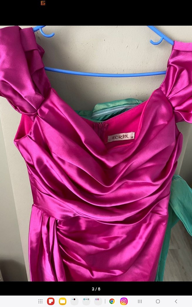 Parlak Pembe Drapeli Uzun Abiye Elbise - Görsel 4