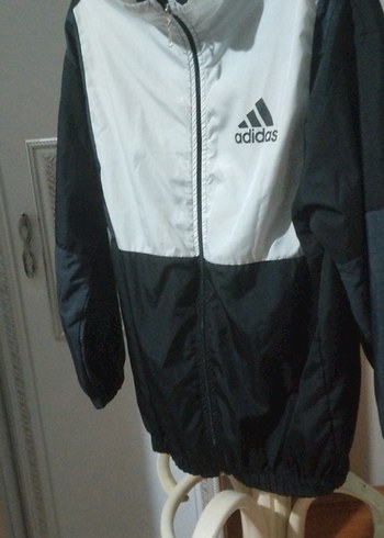 Erkek Beyaz Siyah Adidas Fermuarlı Yağmurluk