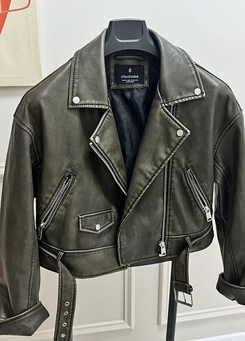 stradivarius vintage efektli suni deri biker ceket
