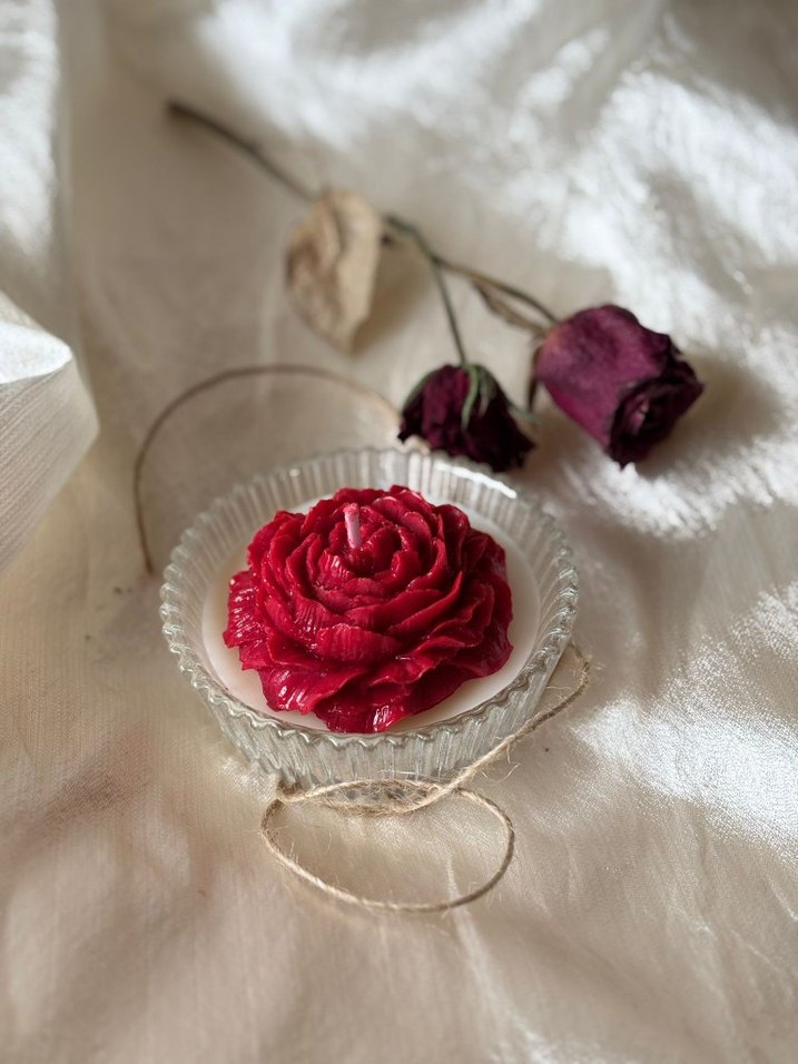 Bordo Gül Şeklinde Mum ve Cam Tutucu - Görsel 2