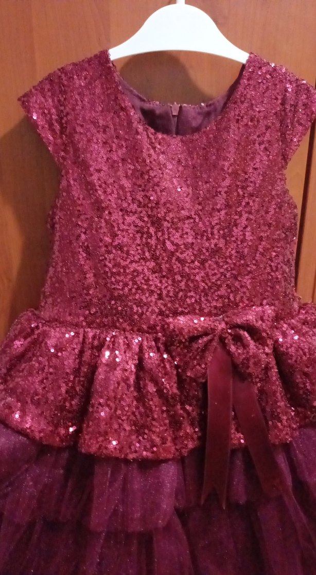 Parlak bordo renk Kız Çocuk Volanlı Elbise - Görsel 2