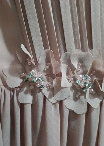 Pudra Şifon Pilili Uzun Abiye Elbise - Görsel 4