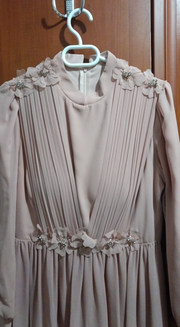 Pudra Şifon Pilili Uzun Abiye Elbise - Görsel 2