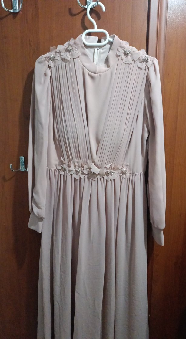 Pudra Şifon Pilili Uzun Abiye Elbise - Görsel 3