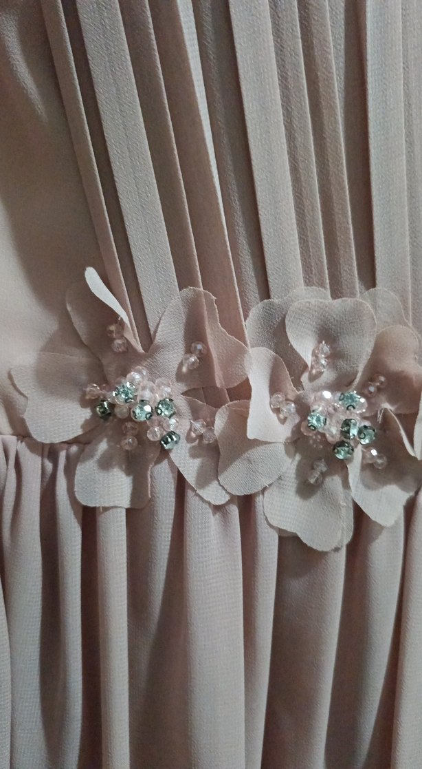 Pudra Şifon Pilili Uzun Abiye Elbise - Görsel 4