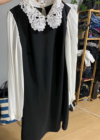 Dantel Yakalı Siyah Midi Elbise - Görsel 2