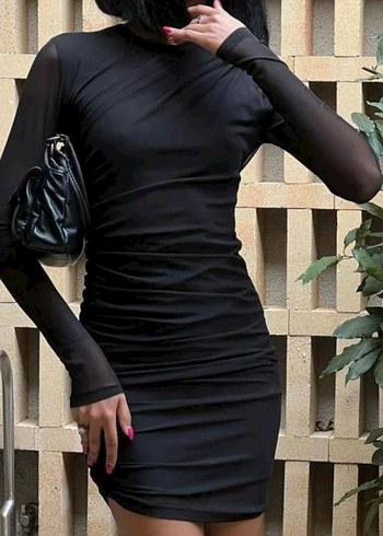 Siyah Drapeli Mini Astarlı Tül Elbise - Görsel 2