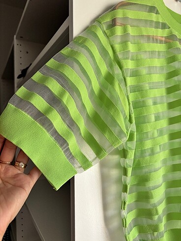 m Beden yeşil Renk Mango Şeffaf Çizgili Tişört
