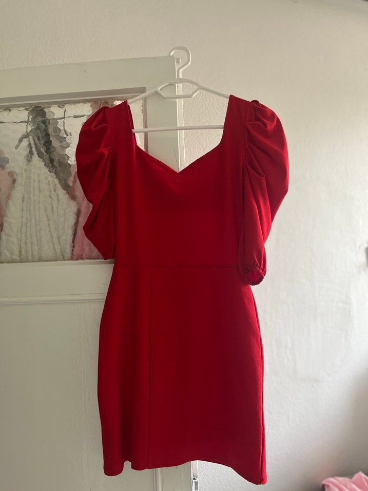 Kırmızı Drapeli V Yaka Mini Elbise - Görsel 3