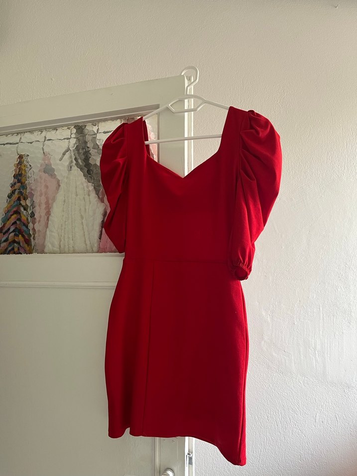 Kırmızı Drapeli V Yaka Mini Elbise - Görsel 2