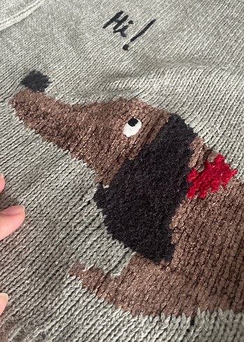 Açık haki kız- Erkek Çocuk köpek Nakışlı Örgü Kazak - Görsel 2