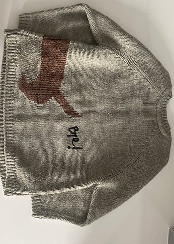 Açık haki kız- Erkek Çocuk köpek Nakışlı Örgü Kazak - Görsel 5