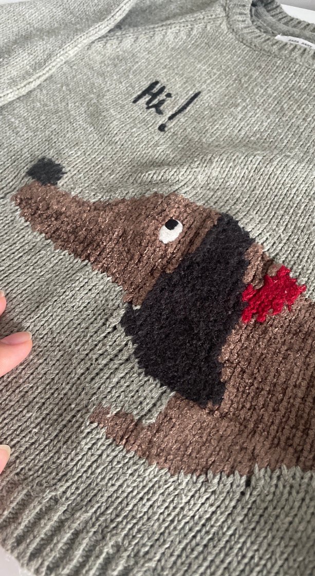 Açık haki kız- Erkek Çocuk köpek Nakışlı Örgü Kazak - Görsel 2