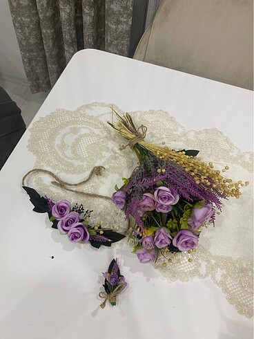 Beden mor Renk Gelin buketi tacı ve damat yakası çiçeği