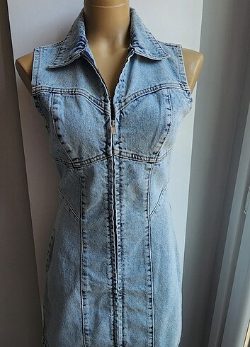 36 Beden mavi Renk Trendyolmilla dikiş detaylı fermuarlı mini denim / kot elbise