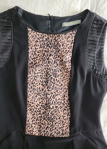 Leopar desenli siyah krep kolsuz elbise - Görsel 9