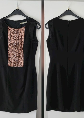 Leopar desenli siyah krep kolsuz elbise - Görsel 12