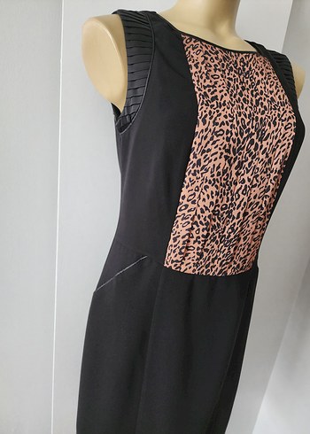 Leopar desenli siyah krep kolsuz elbise - Görsel 5