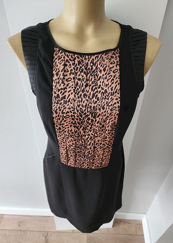 Leopar desenli siyah krep kolsuz elbise - Görsel 4