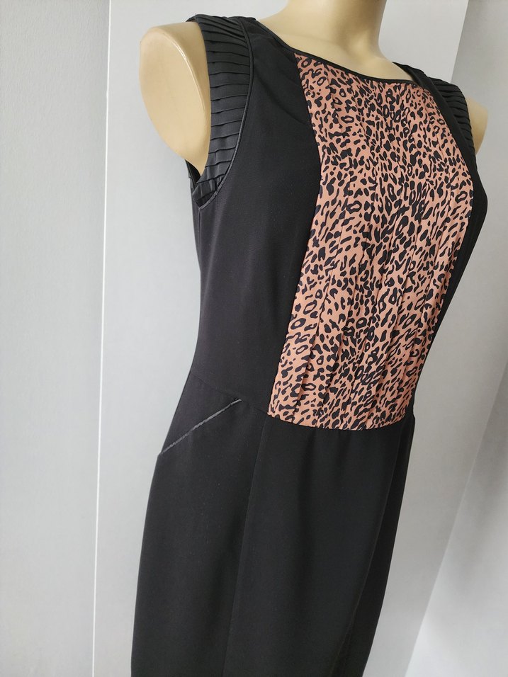 Leopar desenli siyah krep kolsuz elbise - Görsel 5