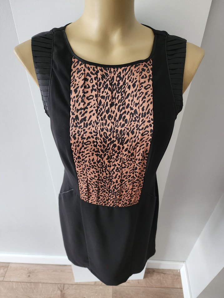 Leopar desenli siyah krep kolsuz elbise - Görsel 4