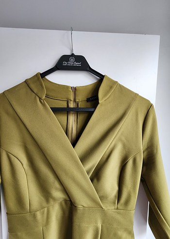 Kasha limon yeşili fakir kol kruvaze yaka elbise - Görsel 10