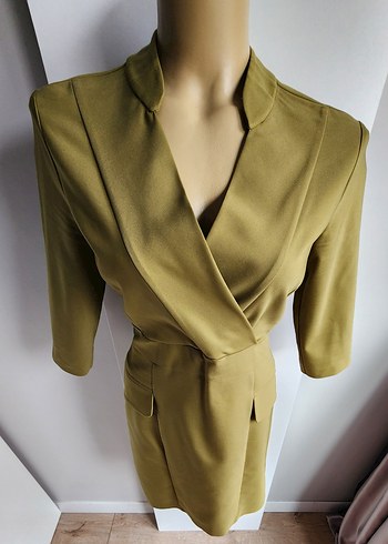 Kasha limon yeşili fakir kol kruvaze yaka elbise - Görsel 6