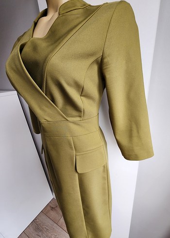 Kasha limon yeşili fakir kol kruvaze yaka elbise - Görsel 7