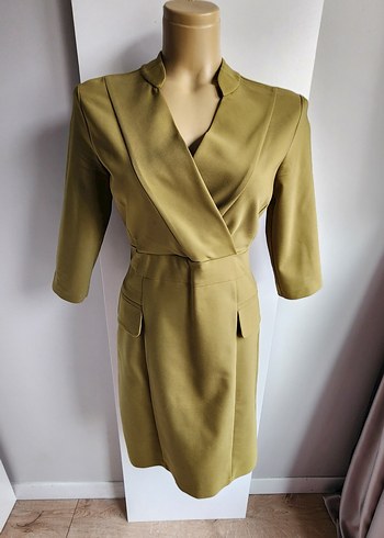 Kasha limon yeşili fakir kol kruvaze yaka elbise - Görsel 2