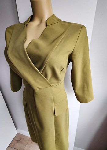 Kasha limon yeşili fakir kol kruvaze yaka elbise - Görsel 3