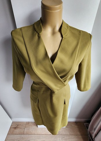 Kasha limon yeşili fakir kol kruvaze yaka elbise - Görsel 8