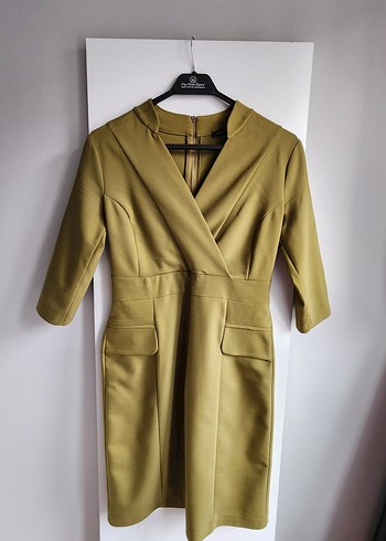 Kasha limon yeşili fakir kol kruvaze yaka elbise - Görsel 12