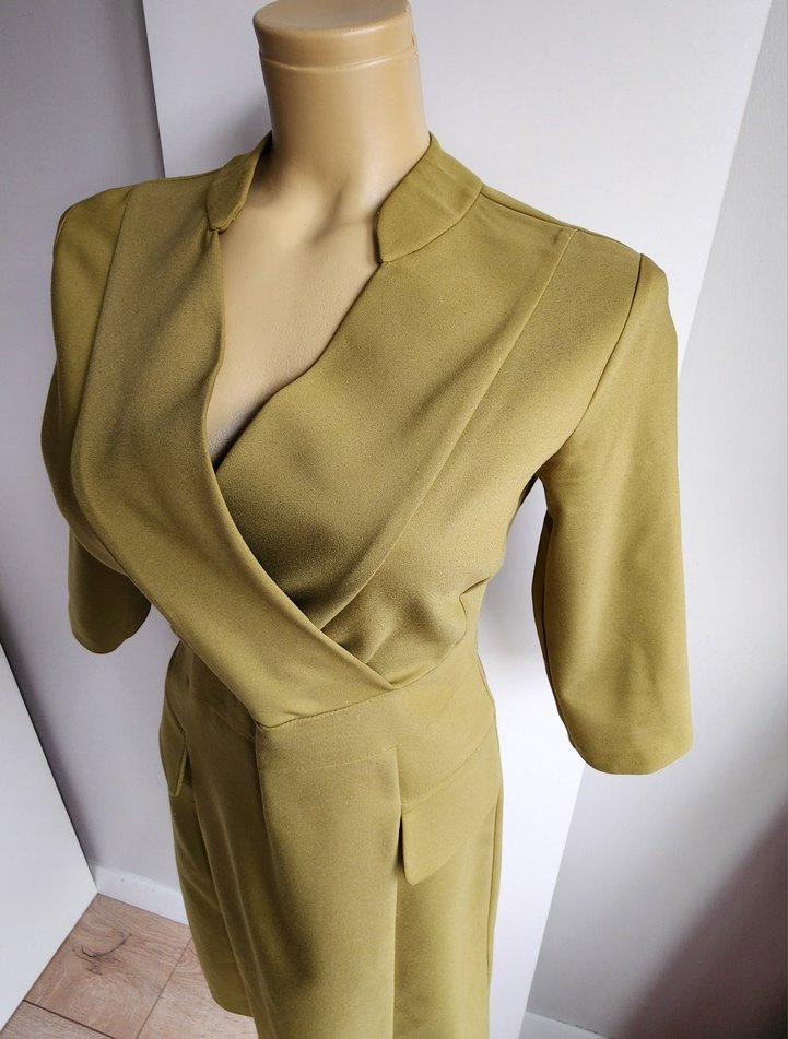 Kasha limon yeşili fakir kol kruvaze yaka elbise - Görsel 4