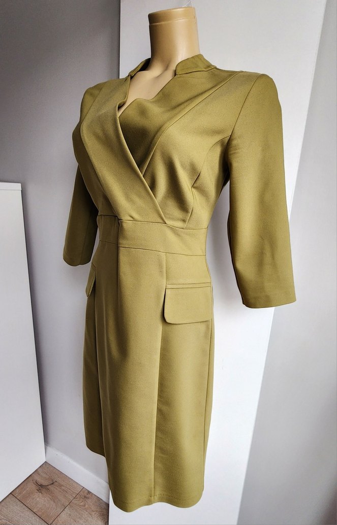 Kasha limon yeşili fakir kol kruvaze yaka elbise - Görsel 5