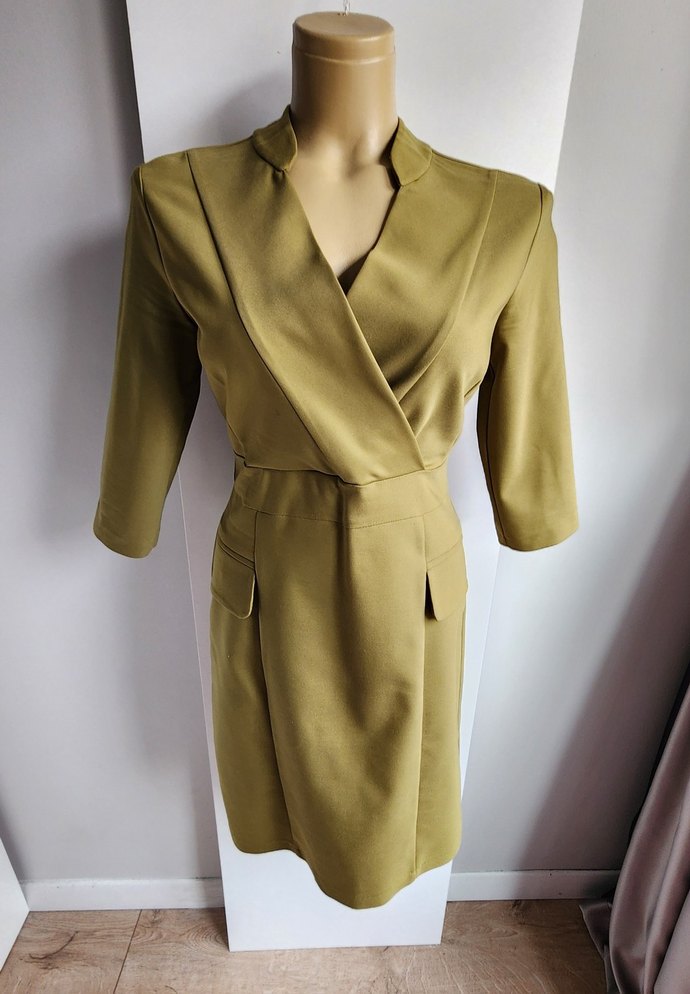 Kasha limon yeşili fakir kol kruvaze yaka elbise - Görsel 2