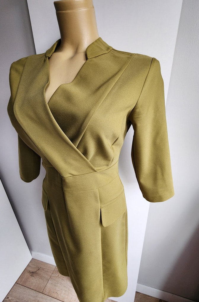 Kasha limon yeşili fakir kol kruvaze yaka elbise - Görsel 3