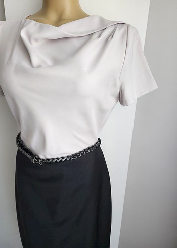 Bessini Drapeli Gri Siyah Kadın Ofis Elbisesi - Görsel 5