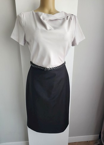 Bessini Drapeli Gri Siyah Kadın Ofis Elbisesi - Görsel 6