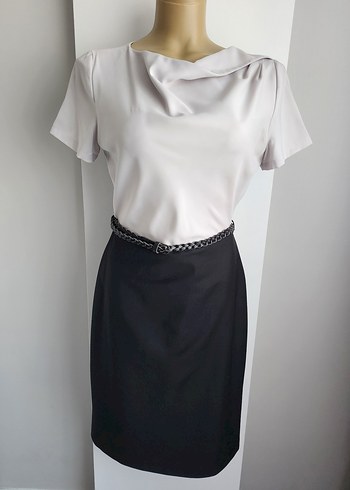 Bessini Drapeli Gri Siyah Kadın Ofis Elbisesi - Görsel 7