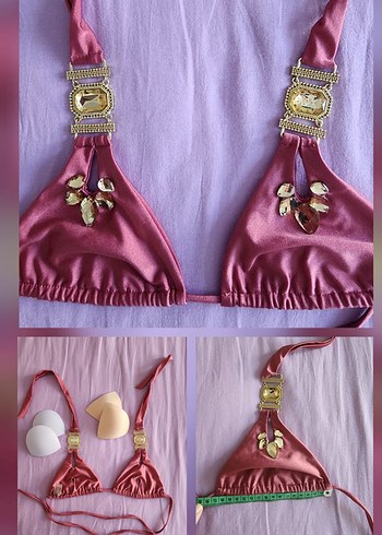 Diğer BMD Taşlı Gold detaylı pembe Bikini Üstü S beden