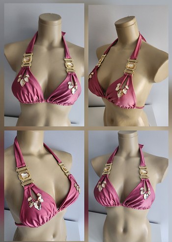 BMD Taşlı Gold detaylı pembe Bikini Üstü S beden