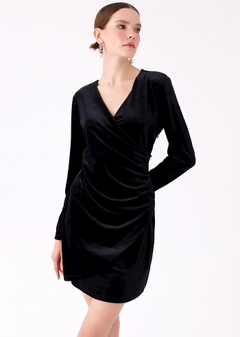 Uzun Kollu Siyah Kadife Elbise - Görsel 2