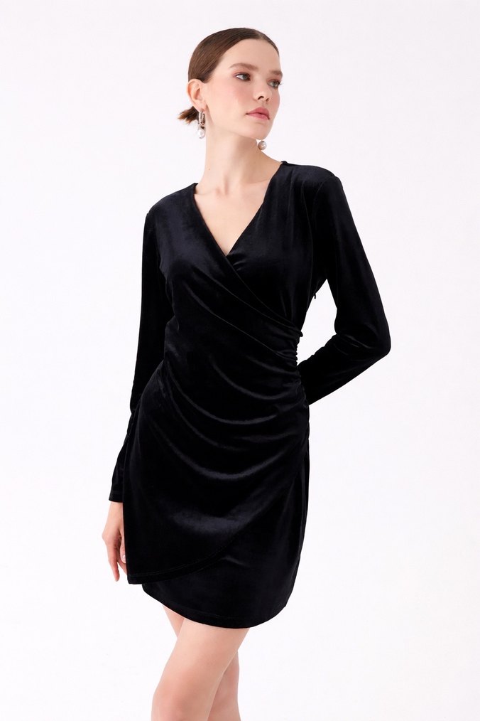 Uzun Kollu Siyah Kadife Elbise - Görsel 2