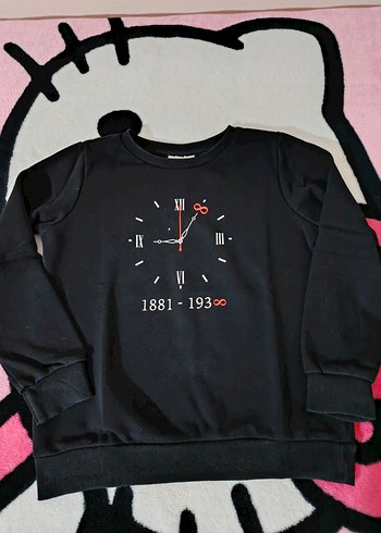 LC Waikiki Saat Desenli Siyah Bisiklet Yaka Sweatshirt
